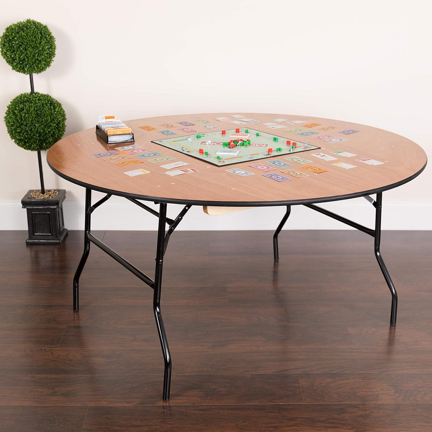 60'' Round Black Metal and Wood Folding Table