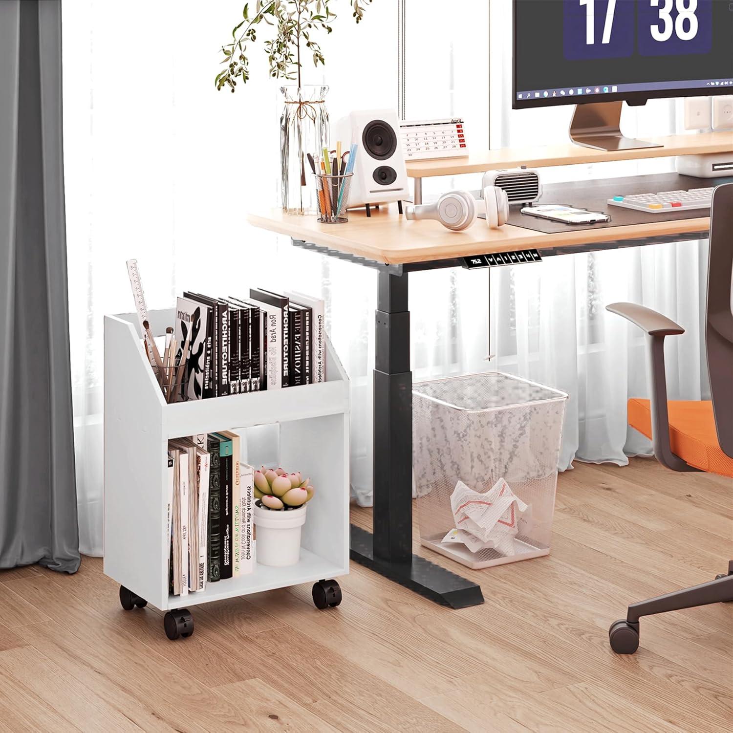 2-Tier Mobile Bookshelf, White Bookcase with Wheels, Rolling File Holder Desk File Book Organizer for Home Office Living Room School