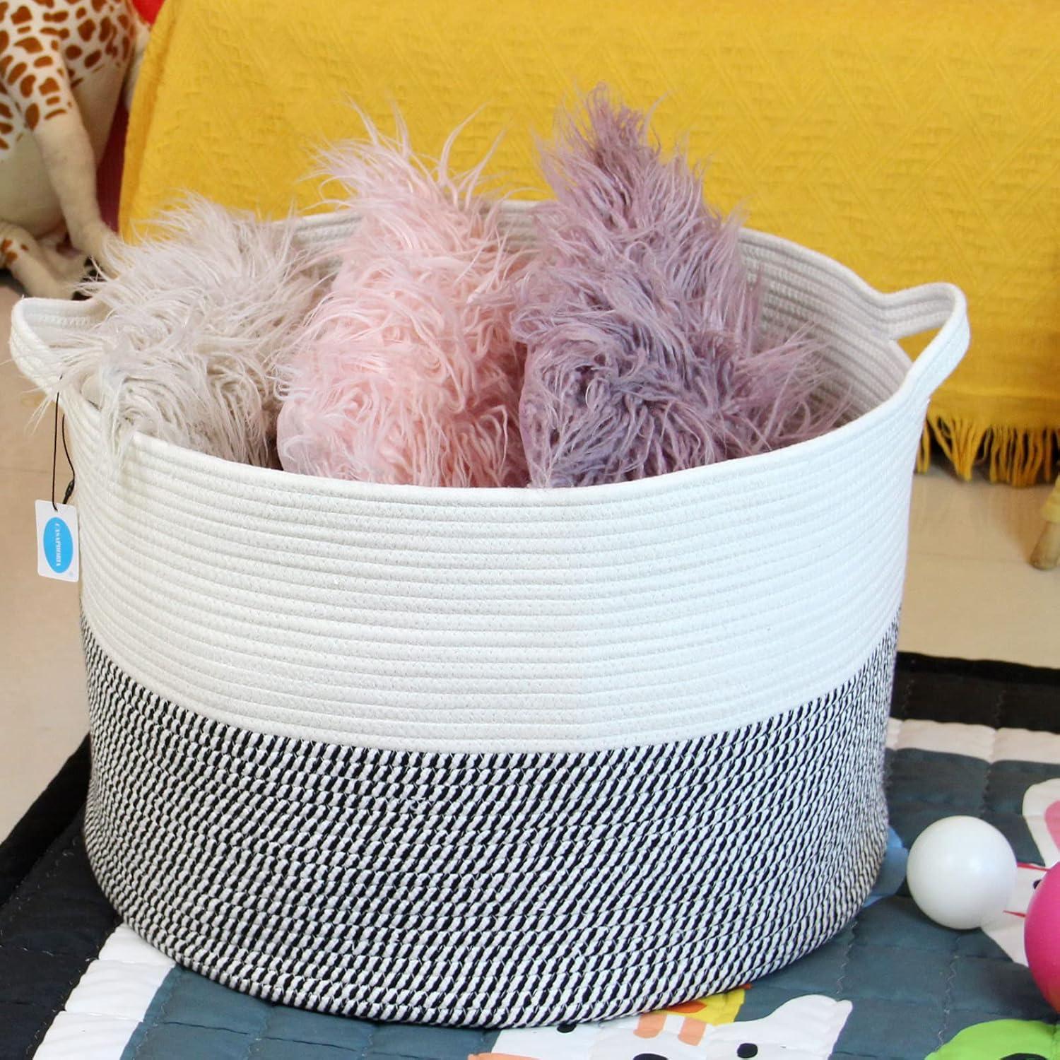 Casaphoria XXXLarge Cotton Rope Basket for Living Room - Woven Storage Basket with Handle for Blankets, Towels and Pillows Laundry Hamper | White & Grey (21.7" x 21.7" x 13.8")