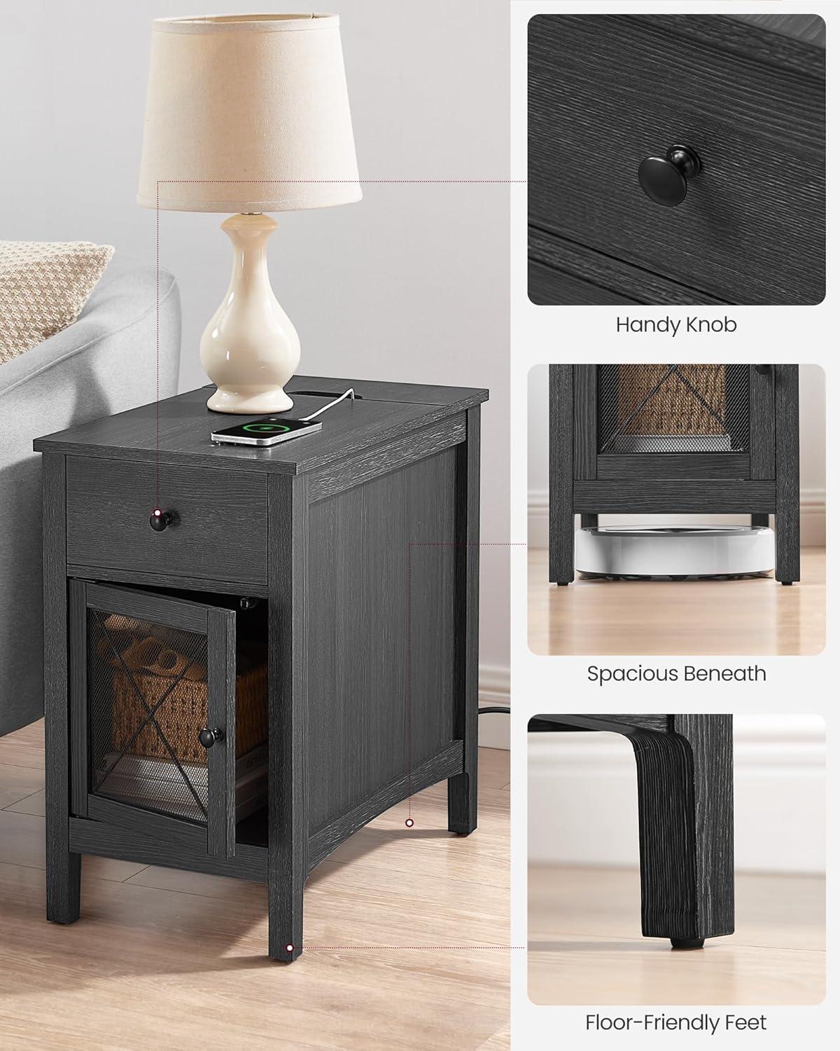 Charcoal Gray MDF Side Table with Storage and Charging Station