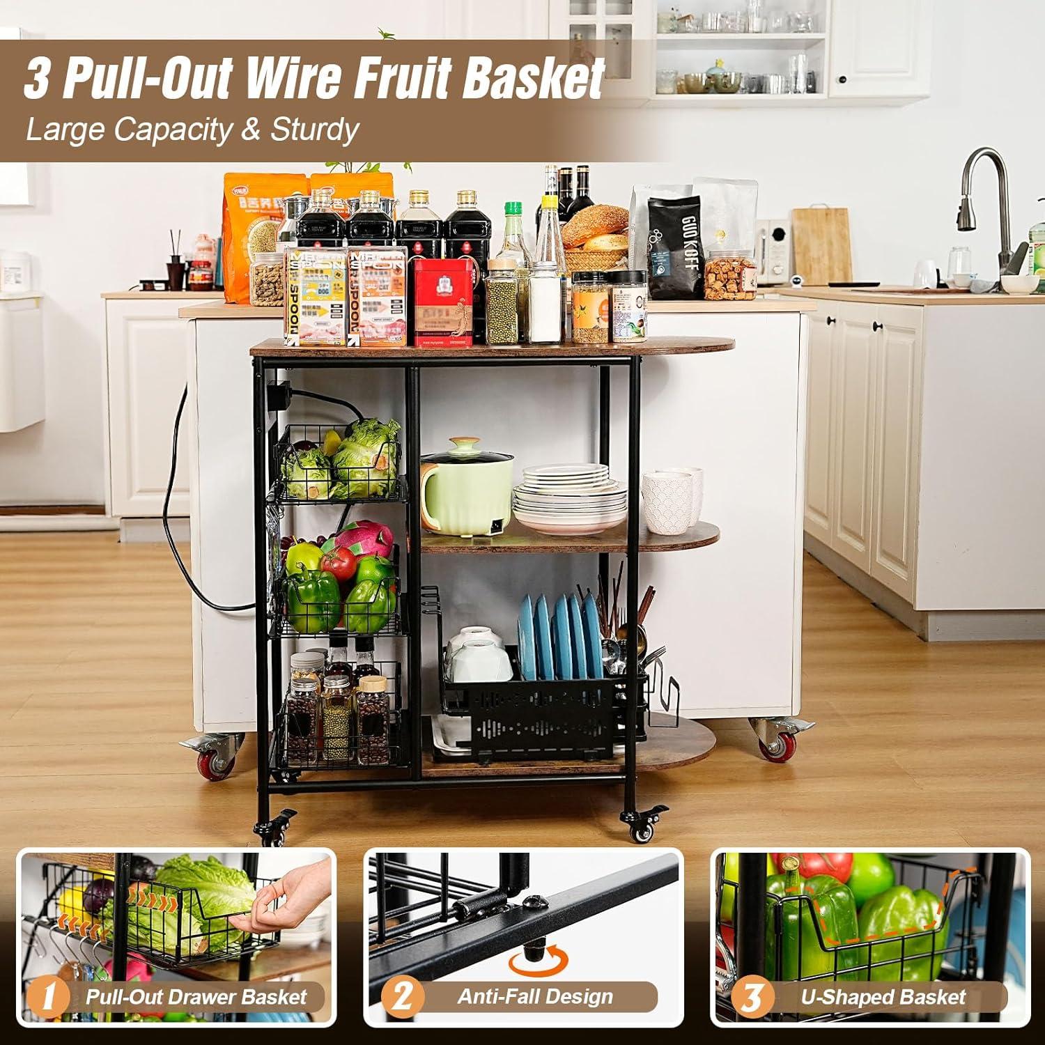 Kitchen Bakers Rack with Power Outlet, Microwave Stand with 3 Pull-Out Fruit Basket Storage, Coffee Bar Carts Table on 4 Wheels, 6 S-Hook Storage Shelf for Spice Rack Organizer Workstation, 33.9 inch