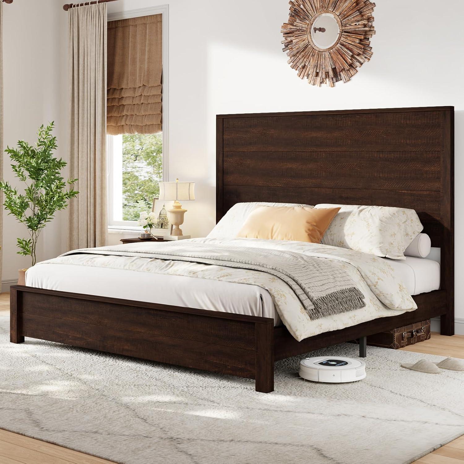 Queen Dark Brown Pine Wood Platform Bed with Tall Headboard