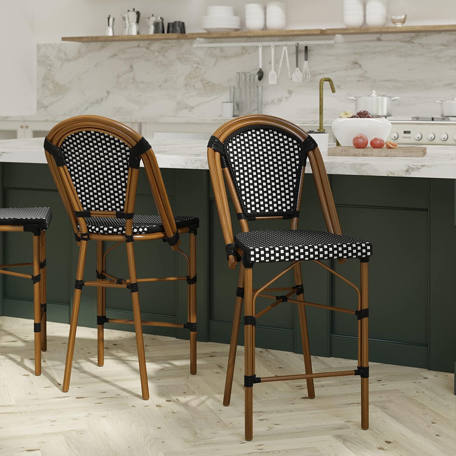 Emma and Oliver Set of Two 26" High Stacking French Bistro Counter Stools with PE Seat and Back and Metal Frames for Indoor/Outdoor Use