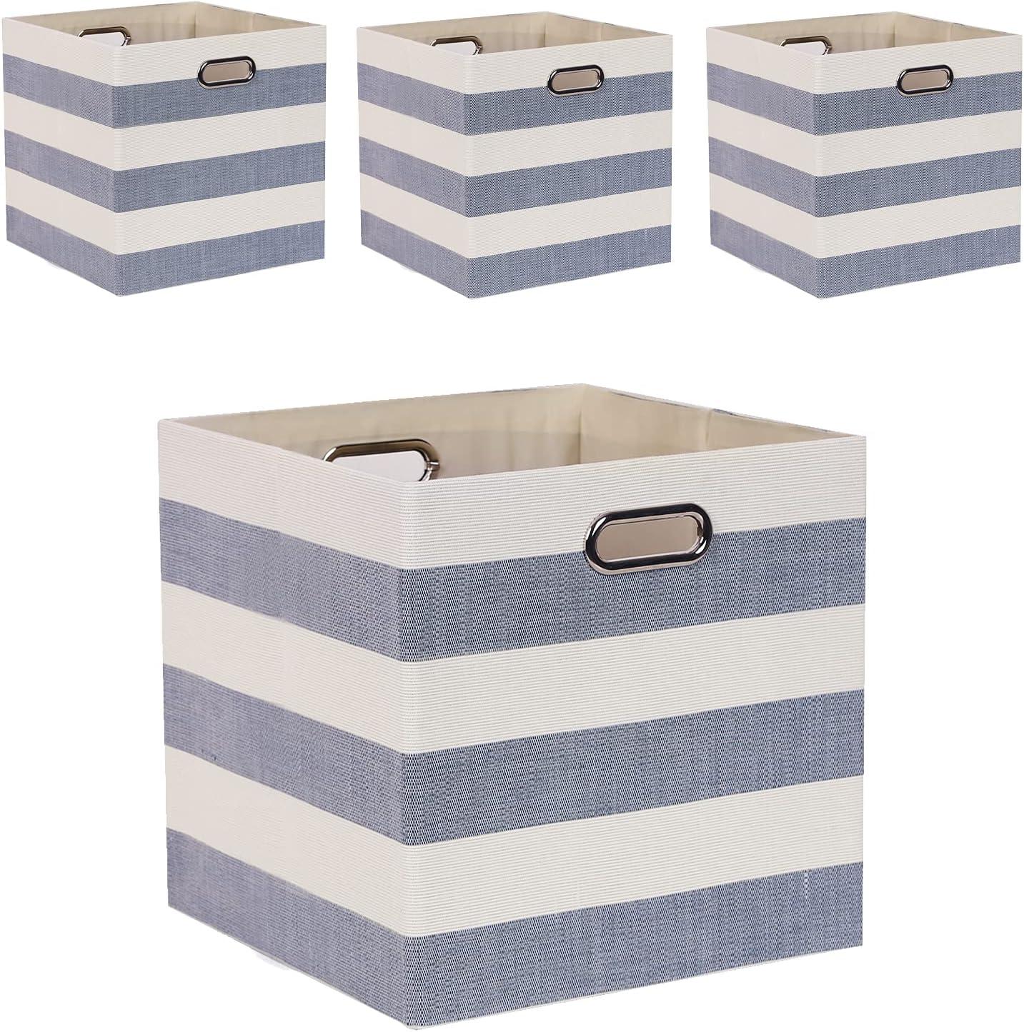 Cube Storage Bins 13×13 Fabric Foldable Box with Handles, Collapsible Organization Basket Set of 4 Large Capacity Drawer for Closet Shelf Cabinet Bookcase Bedroom, Grey-white Stripes