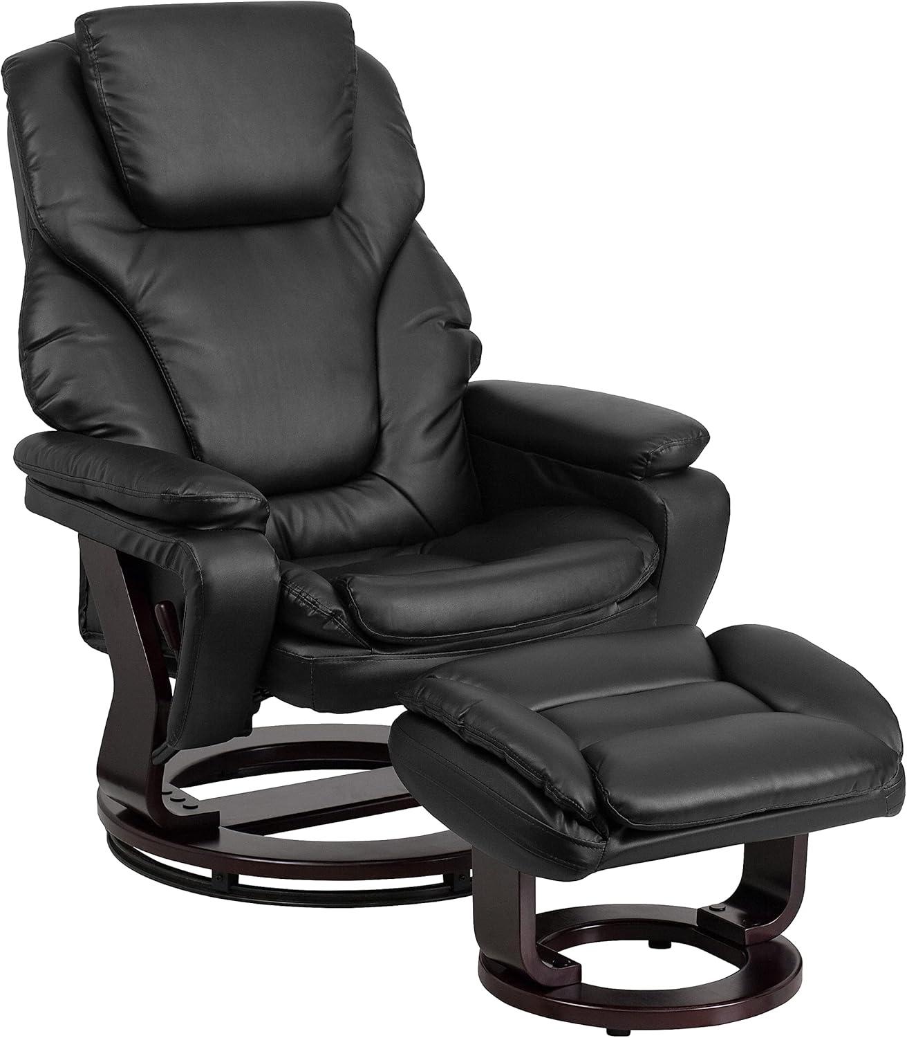 Black Leather Swivel Recliner with Ottoman and Wood Base