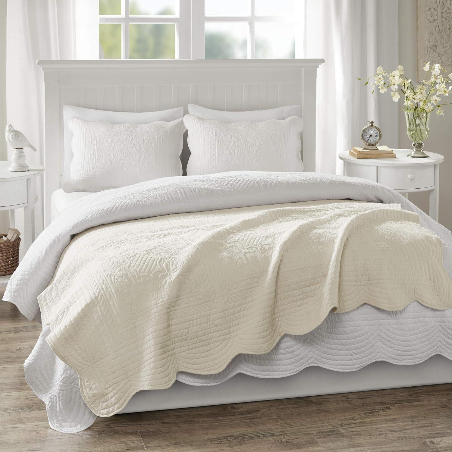 Marino Ivory Cream 60"x72" Quilted Throw with Scalloped Edges