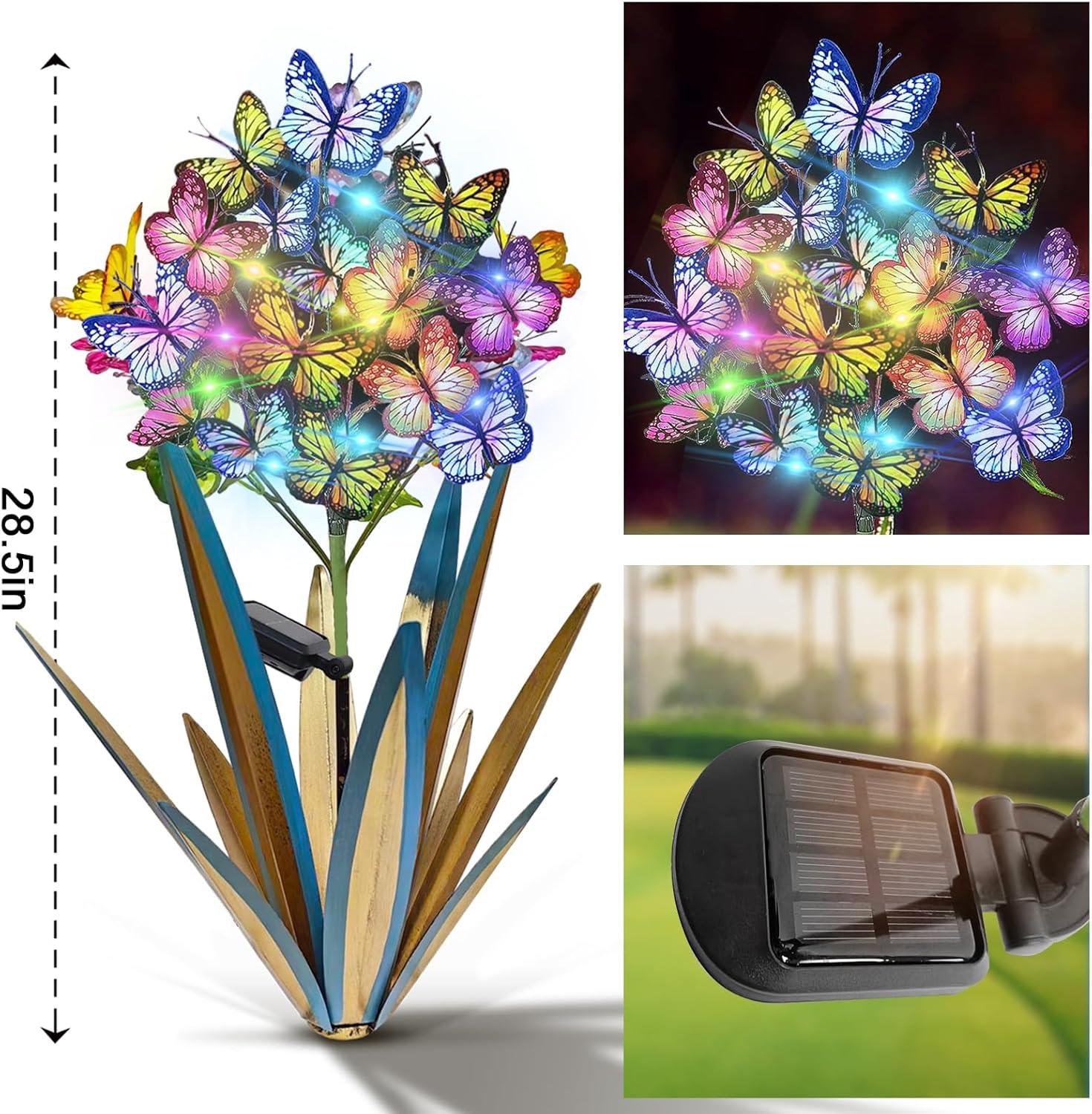 Blue Solar Metal Agave Butterfly Garden Sculpture with Changing Lights