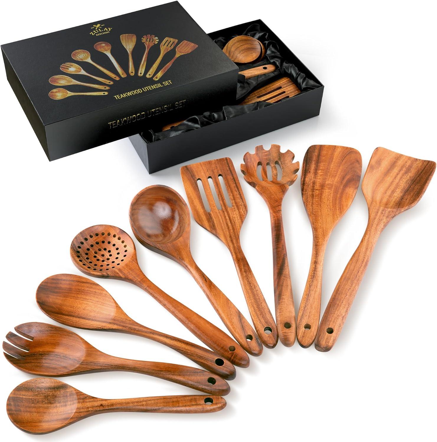 Zulay 9-Piece Teak Wooden Utensils For Cooking, Smooth Finish Kitchen Utensils Set with Gift Box