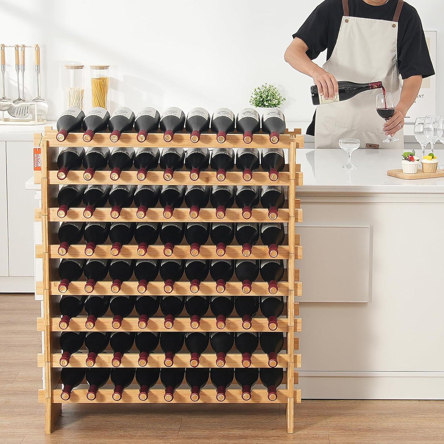 Natural Bamboo 72-Bottle Modular Wine Rack with 8 Tiers