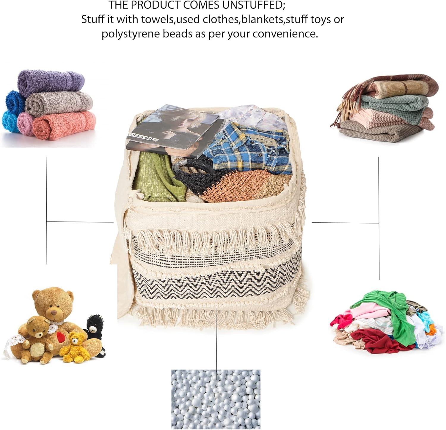 · REDEARTH · UNSTUFFED Pouf Ottoman Cover Boho Textured Storage Square Extra Seat, Farmhouse Poof Pouffe Accent Footrest for Living Room, Bedroom, Nursery, Kidsroom, Study Nook (18x18x18; Black)