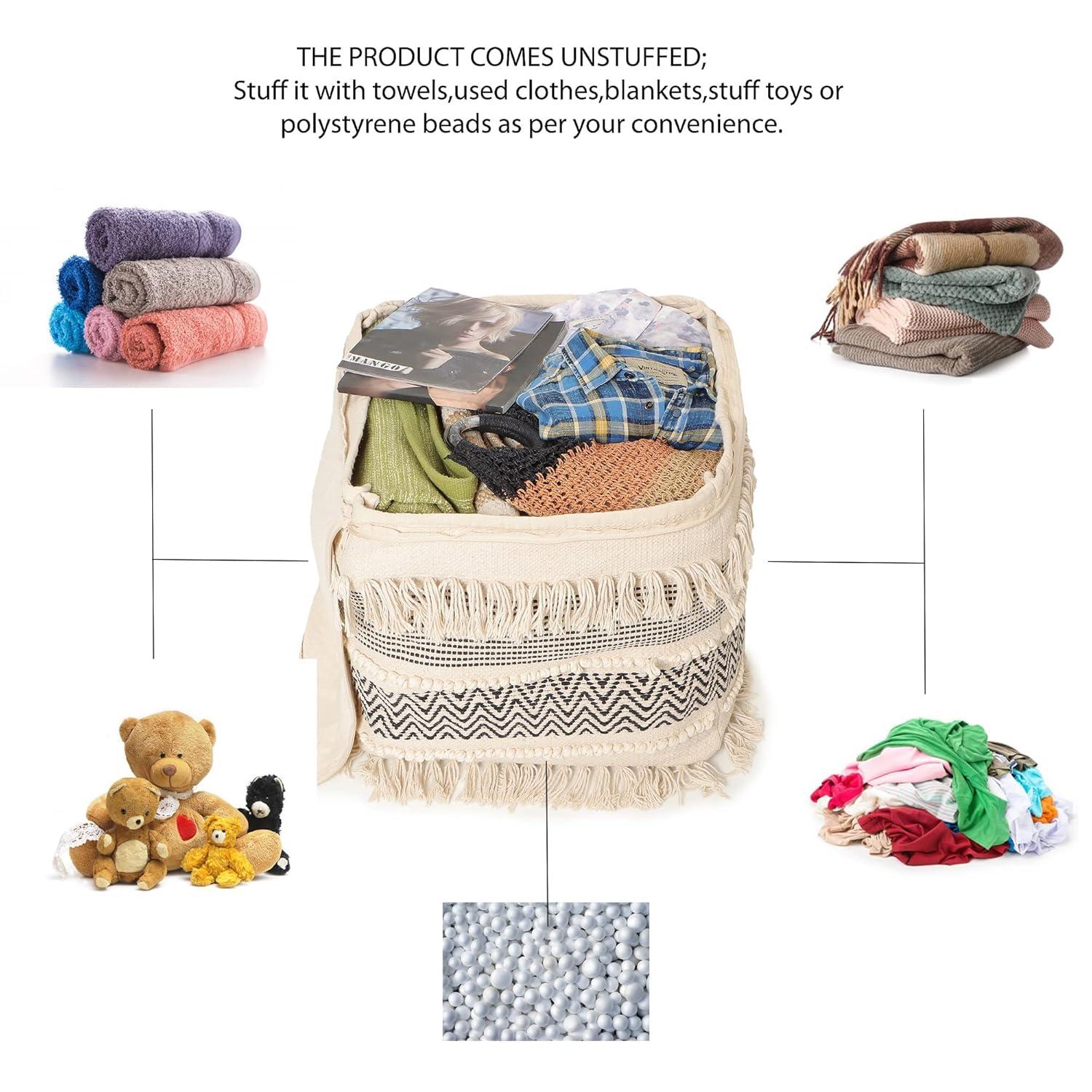 · REDEARTH · UNSTUFFED Pouf Ottoman Cover Boho Textured Storage Square Extra Seat, Farmhouse Poof Pouffe Accent Footrest for Living Room, Bedroom, Nursery, Kidsroom, Study Nook (18x18x18; Black)