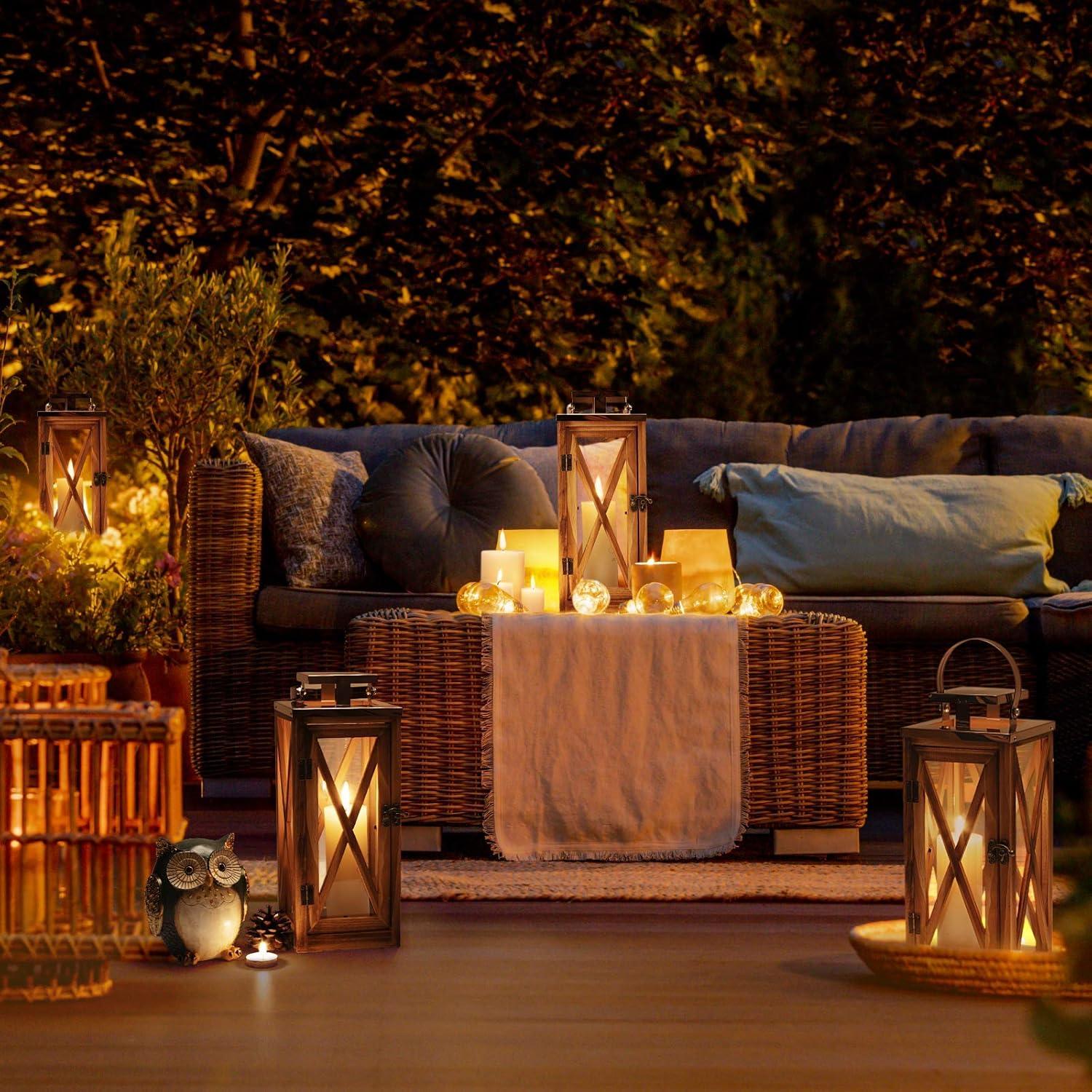 Wooden Candle Lantern Decorative Set of 2, Patio Decor with Stainless Top and Glass Inserts, Hurricane Lantern Holder Decor for Indoor Outdoor, Home, Garden, Wedding (Small-Large Set)