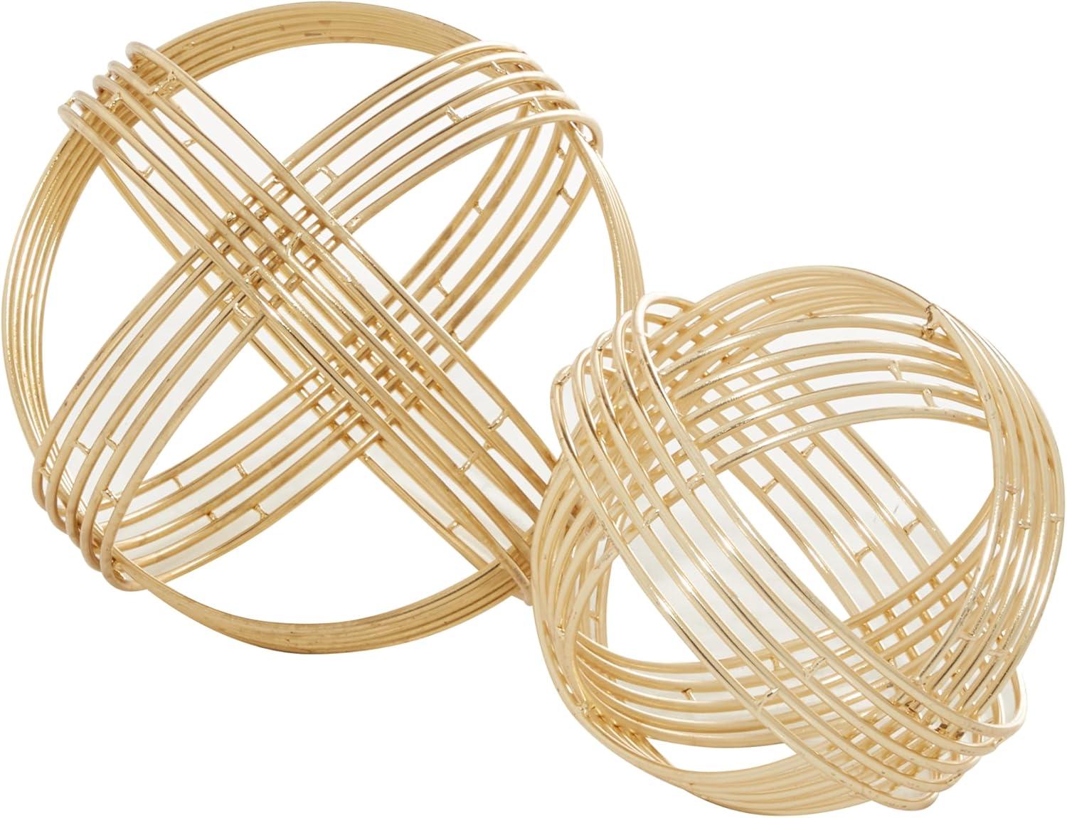 Elegant Gold Geometric Metal Orb Sculptures, Set of 2