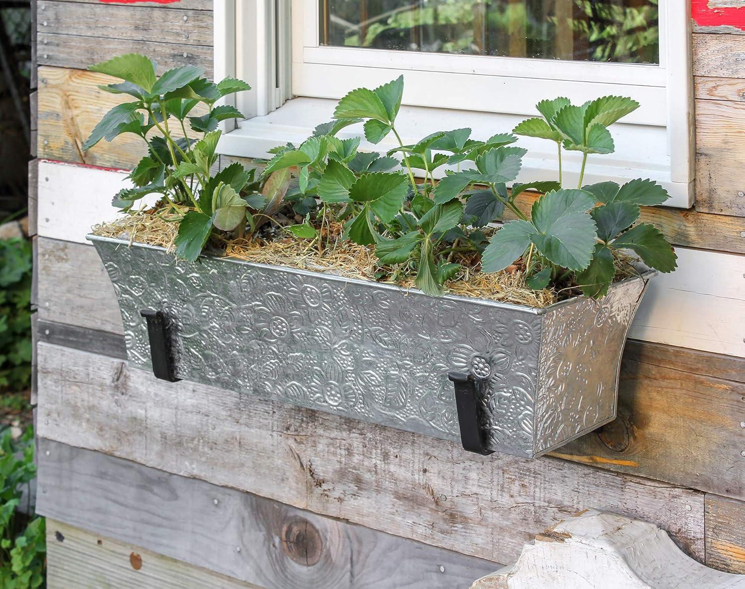 Rectangular Embossed Floral Pattern Planter Box - ACHLA Designs: Galvanized Steel, Drain Holes, Wall-Mountable