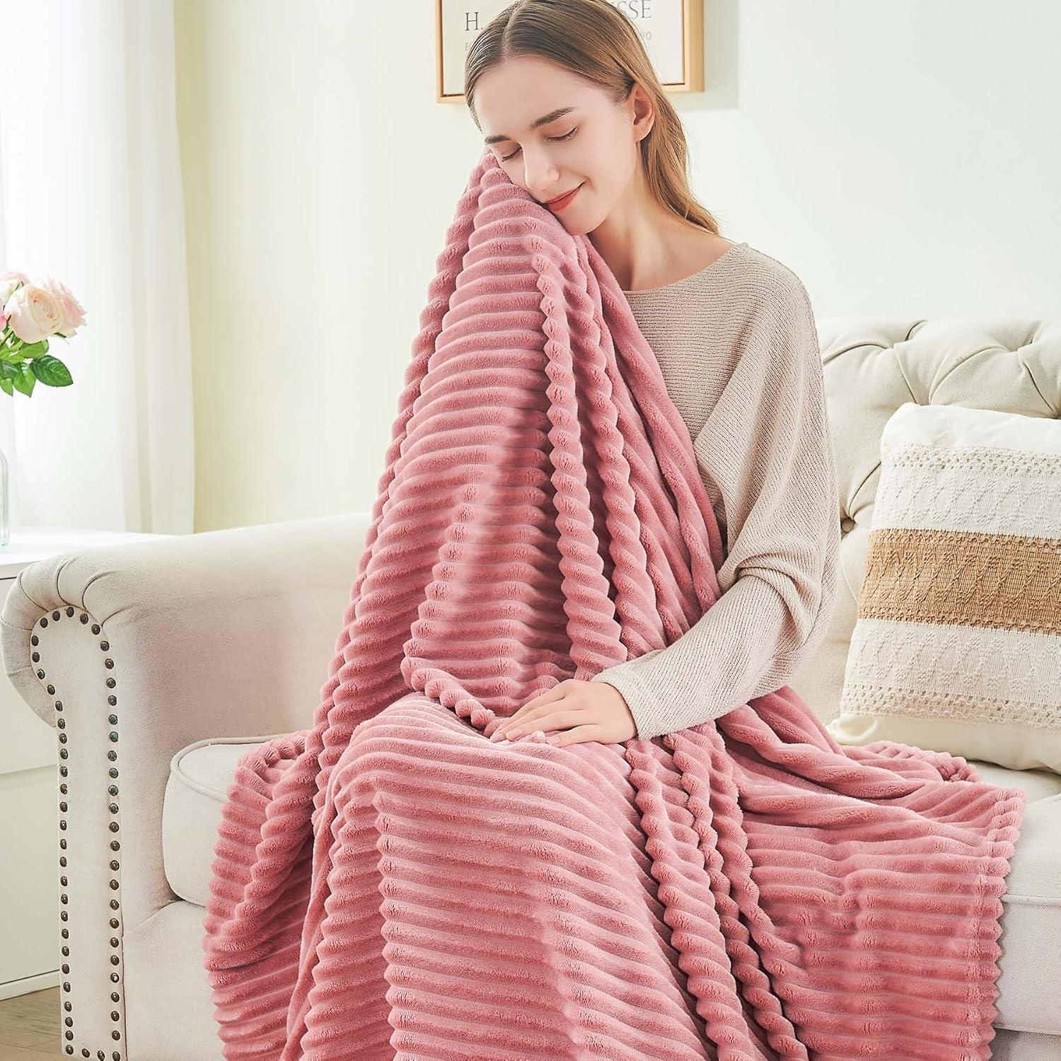 Pink Ribbed Fleece Reversible Throw Blanket 60x50 Inches