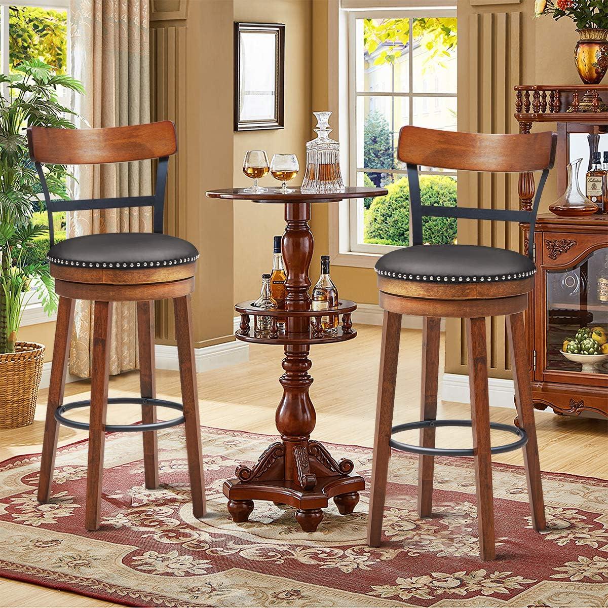 Brown Swivel Bar Stool with Leather Seat and Wood Legs