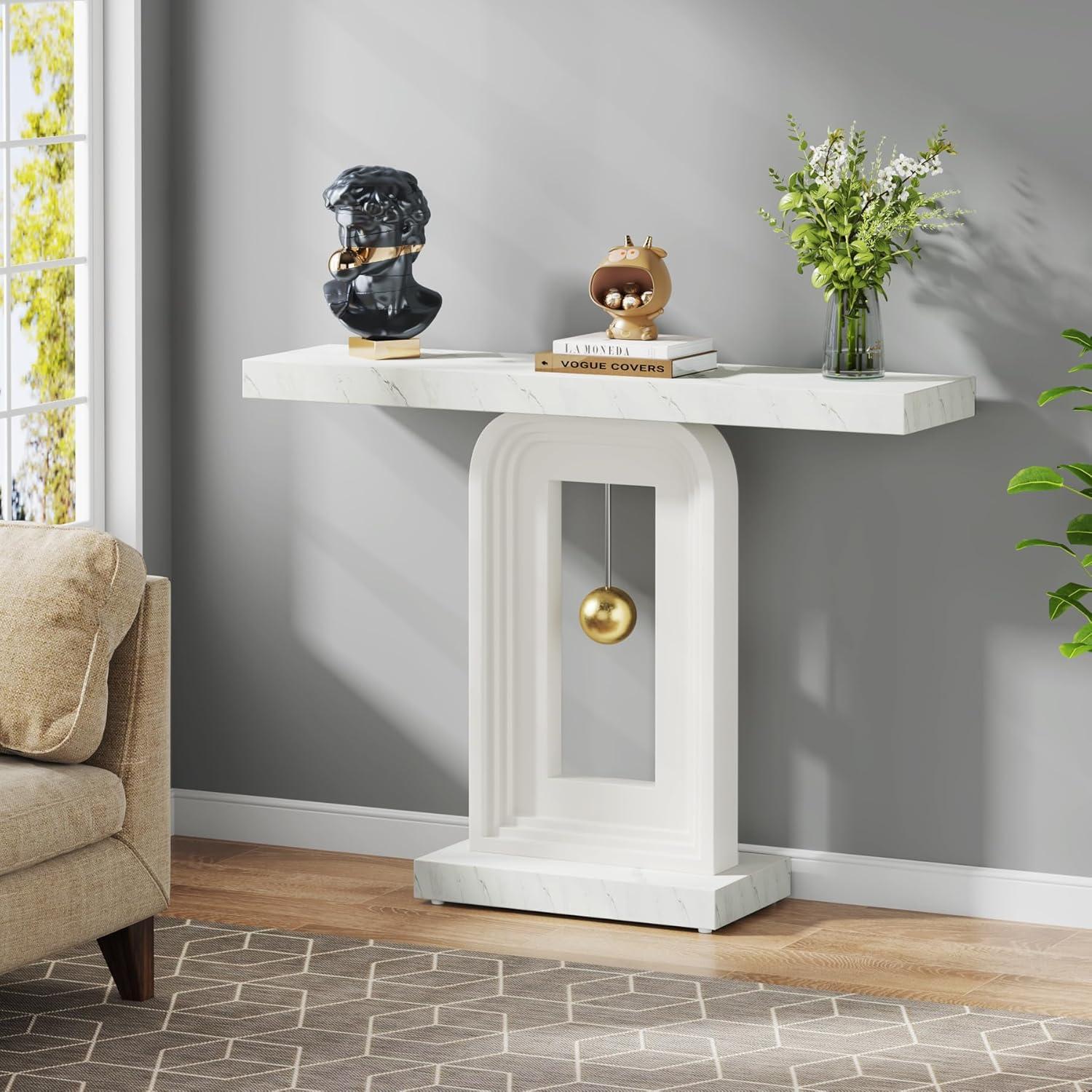 Modern White Faux Marble Console Table with Geometric Base