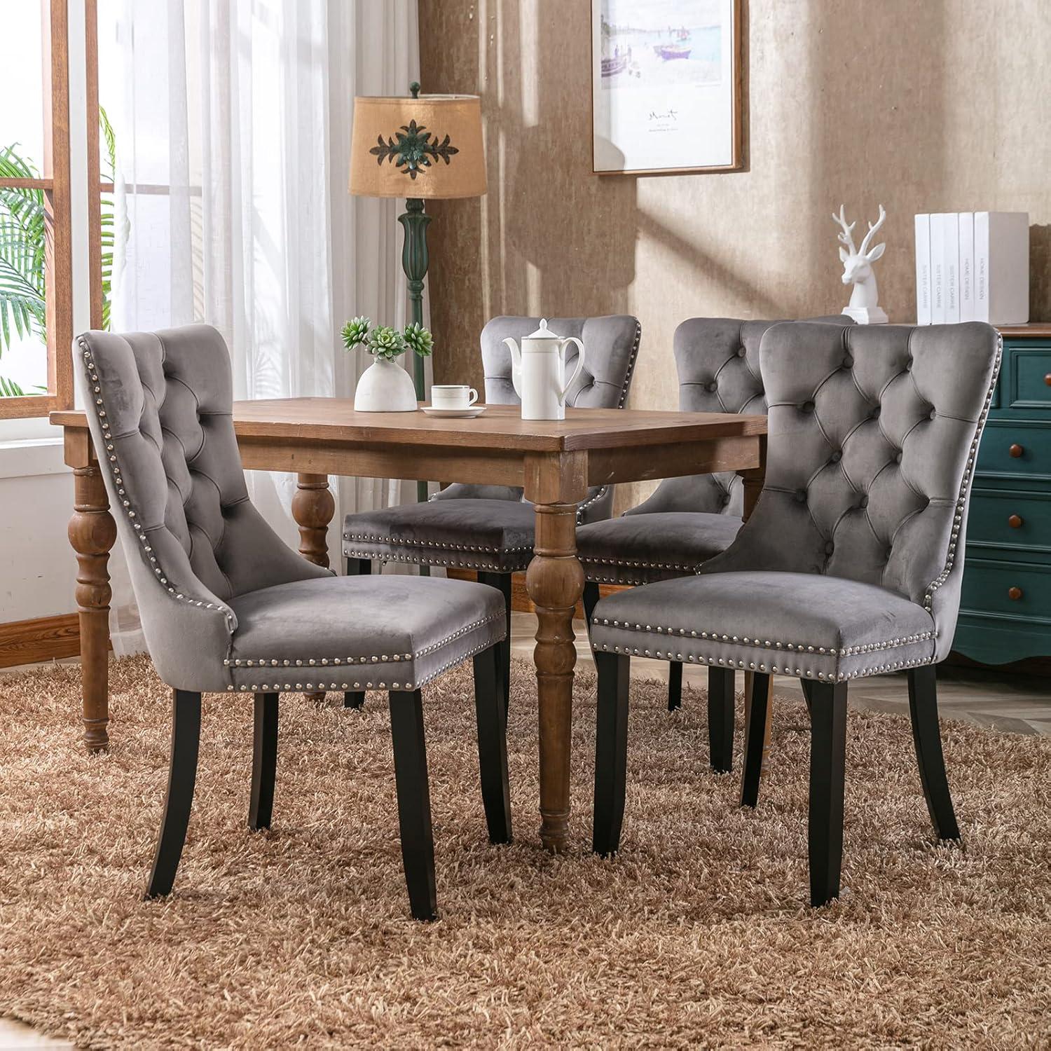 Modern Velvet Upholstered Dining Chairs with Back Button Nailhead Trim Accent Side Chairs with Wood Legs for Kitchen Dining Room(Gray,Set of 4)