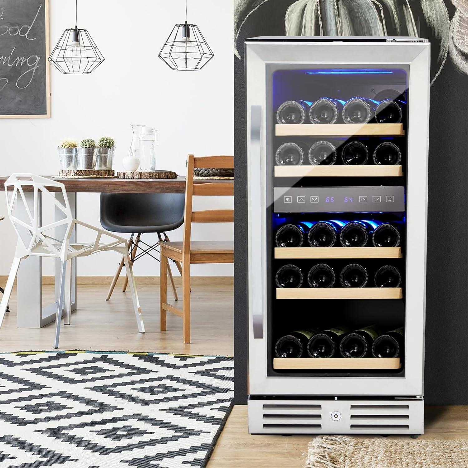15 Inch Wine Cooler Under Counter, 29 Bottle Dual Zone Wine Fridge Wine Refrigerator with Stainless Steel Digital Temperature Control, Temperature Memory, Built-in or Freestanding Wine Cellar