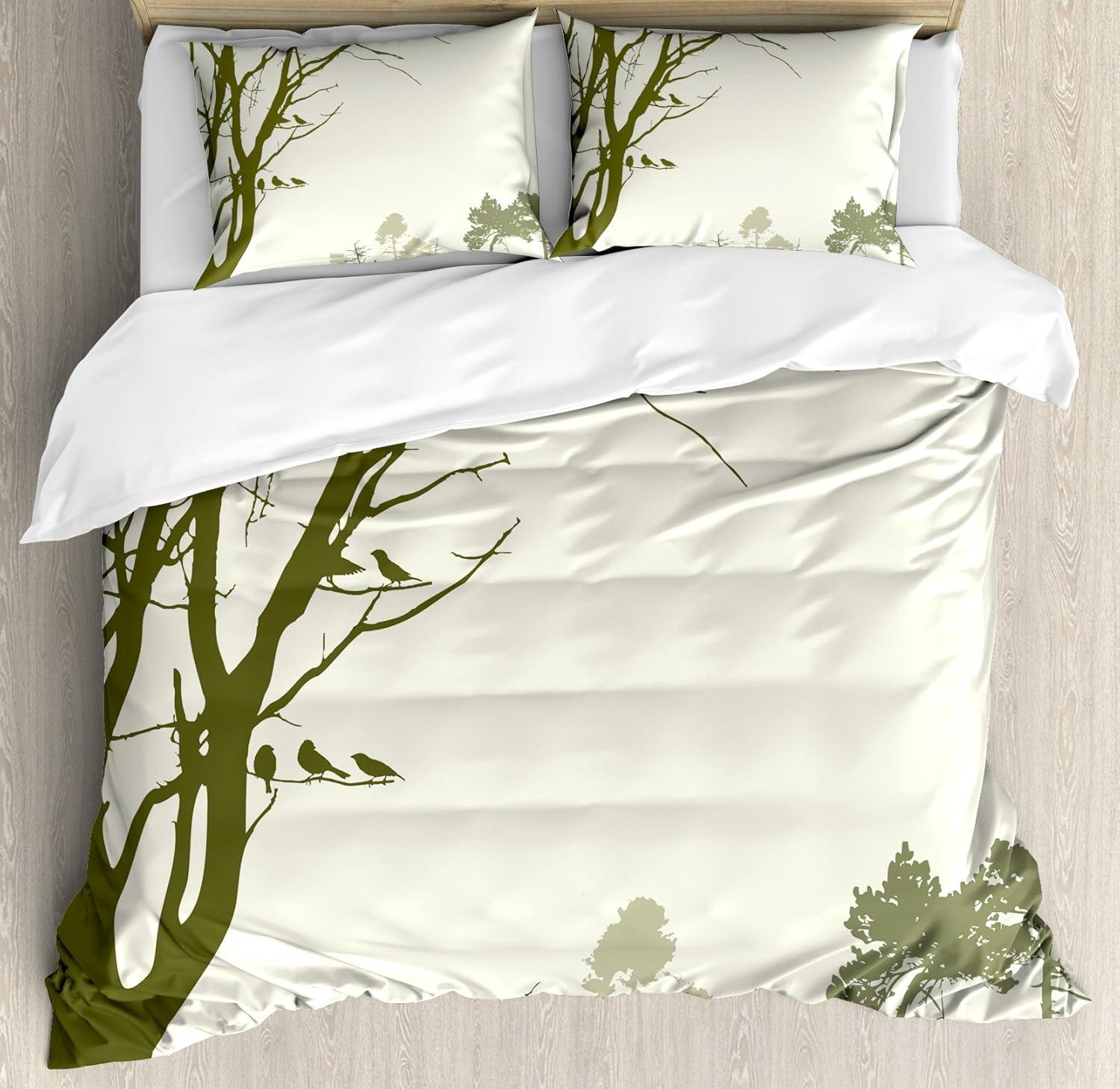 Olive Green and Cream Nature Theme Queen Duvet Cover Set