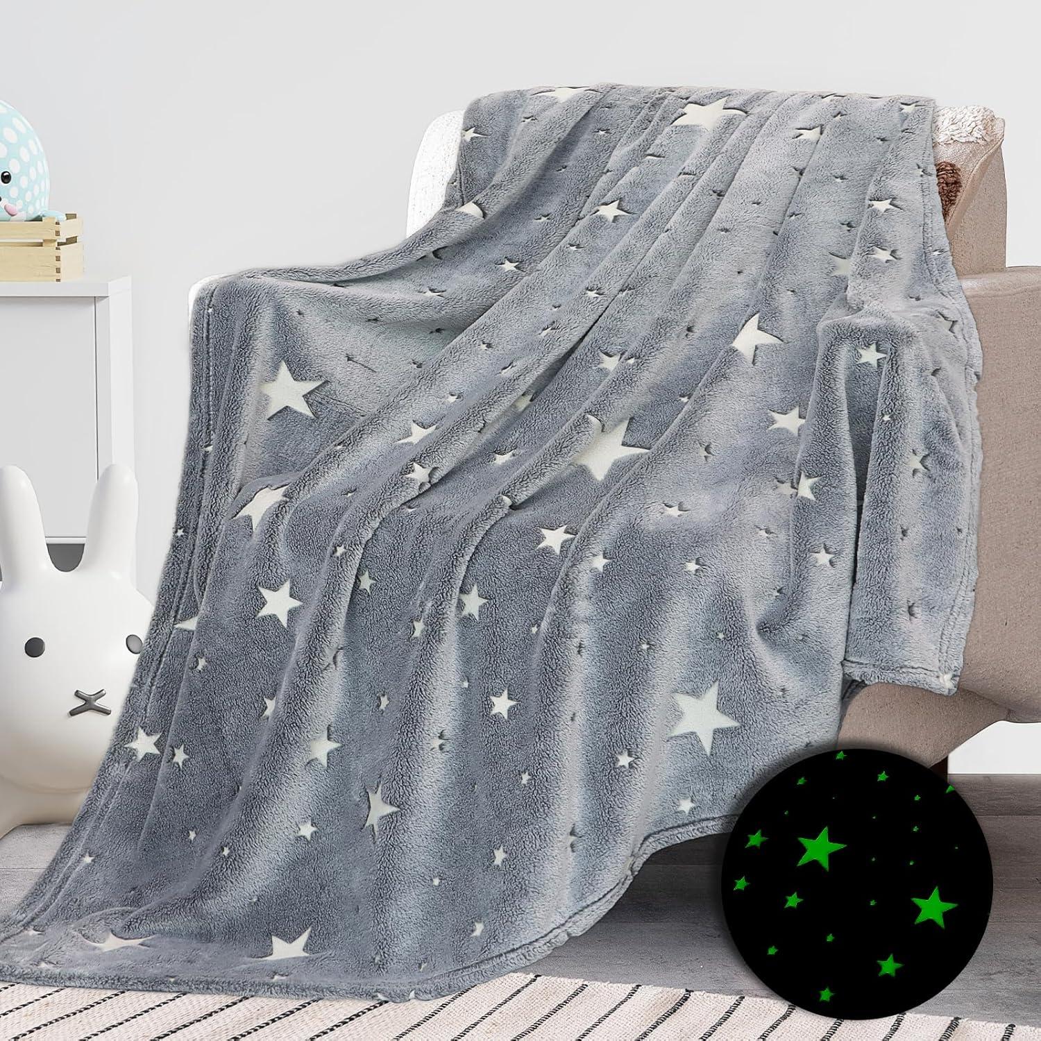 Glow in The Dark Blanket for Kids Unique Birthday Gifts for Girls Boys Teens Soft Cozy Warm Fuzzy Cute Throw Blanket All Seasons Gray Glowing Stars Blankets for Couch Sofa Bed 50"×60"