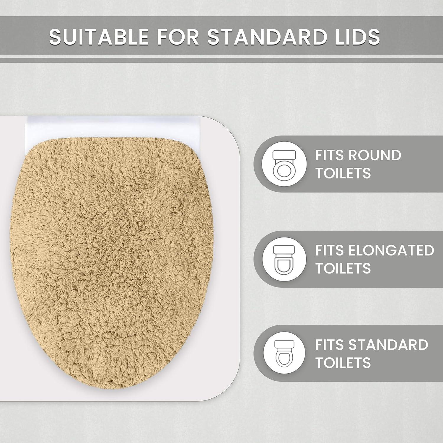 Home Weavers Double Ruffle Collection Toilet Lid Seat Cover, Elastic Edges, 100% Cotton Soft Non Slip Universal Fit for Standard Round Bath Room Bowl Lids, Washable, 18"x18" Toilet Lid Cover, Linen