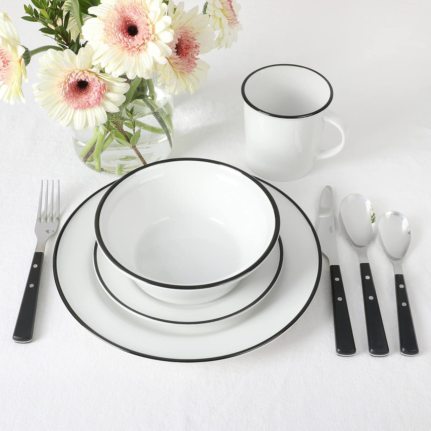 16-Piece White Porcelain Dinnerware Set with Black Trim