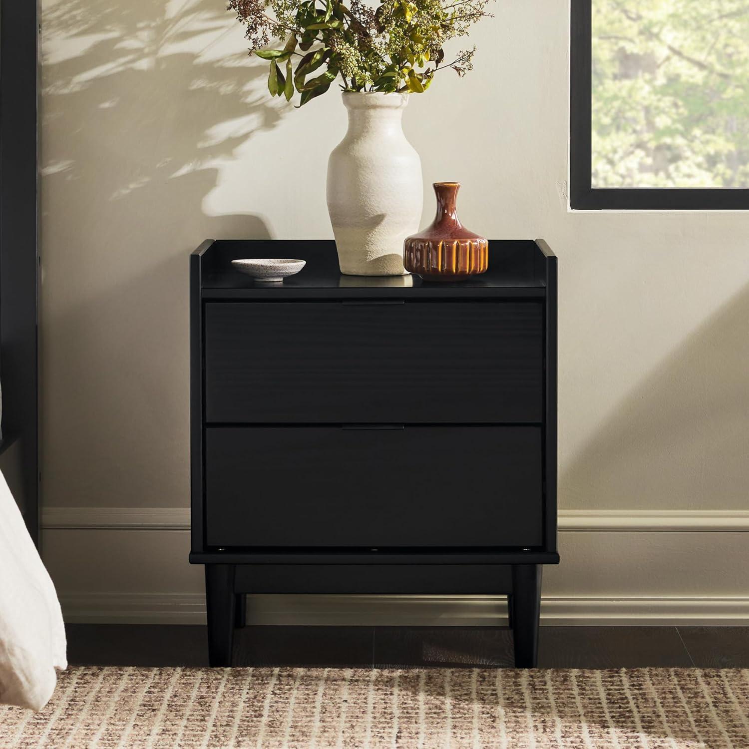 Mid-Century Modern Solid Pine 2-Drawer Nightstand, 20 Inch, Black