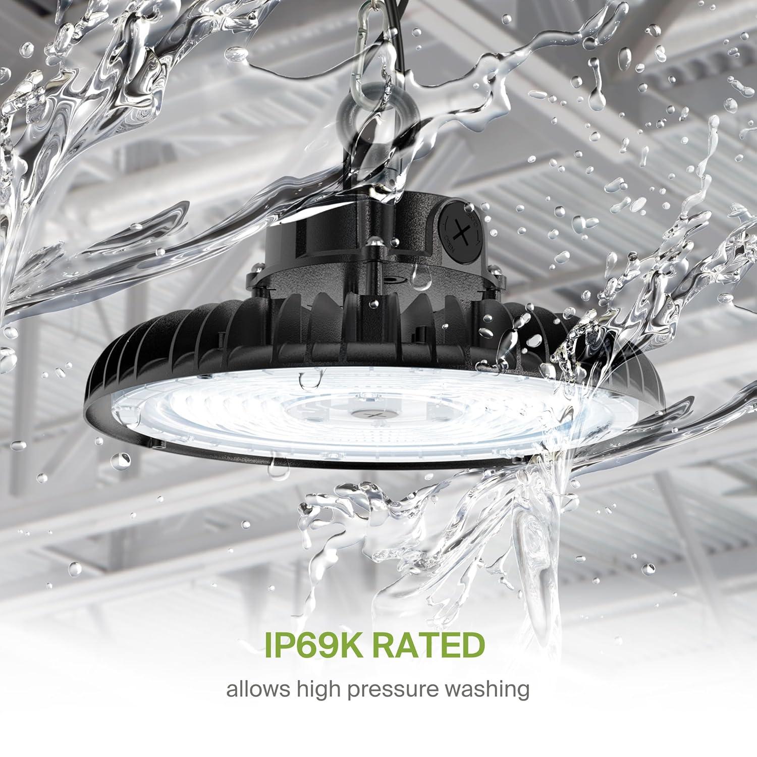 ASD LED High Bay UFO Light Fixture, Commercial Shop Lighting | Dimmable, IP69K Waterproof, DLC Premium, UL Listed | 150W 23000LM 5000K 100-277V | Warehouse, Garage, Workshop, Barn Lamp | Black