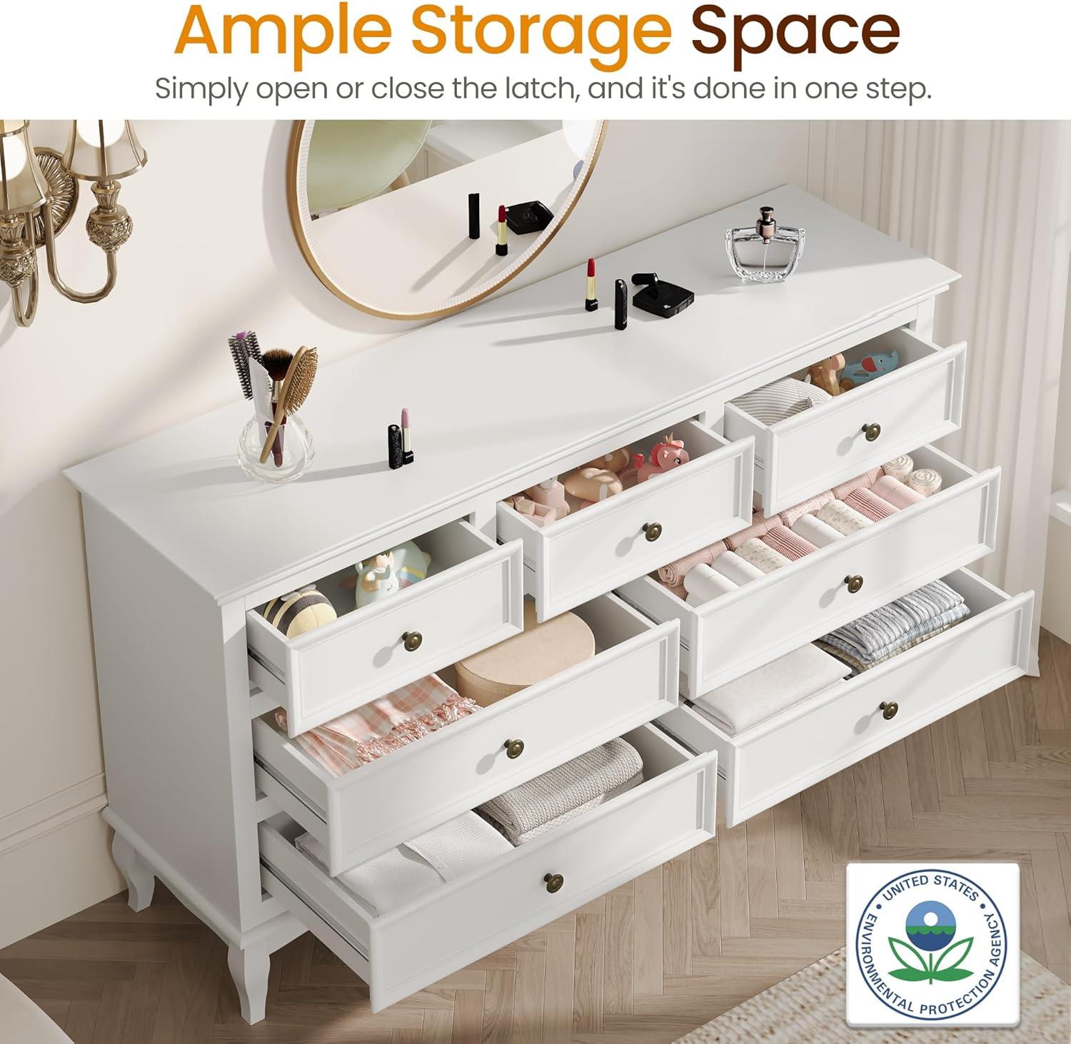 RoyalCraft White Fluted 6 Drawer Dresser for Bedroom, Modern Chest of Drawers, Wood Dresser for Storage Clothes, Wooden Storage Cabinet for Bedroom, Hallway, Living Room, Entryway