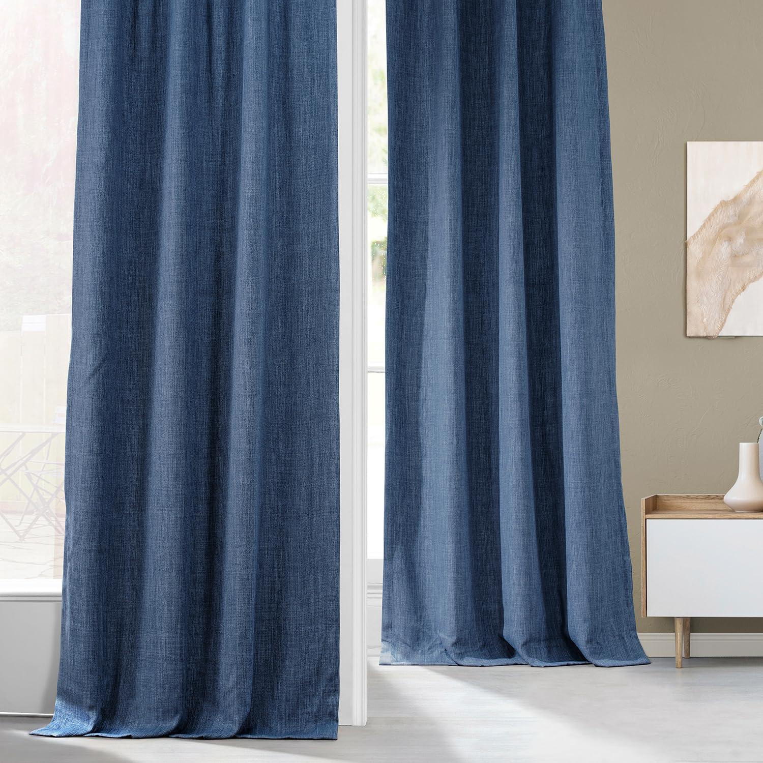 Extra Long Blue Faux Linen Blackout Drapes