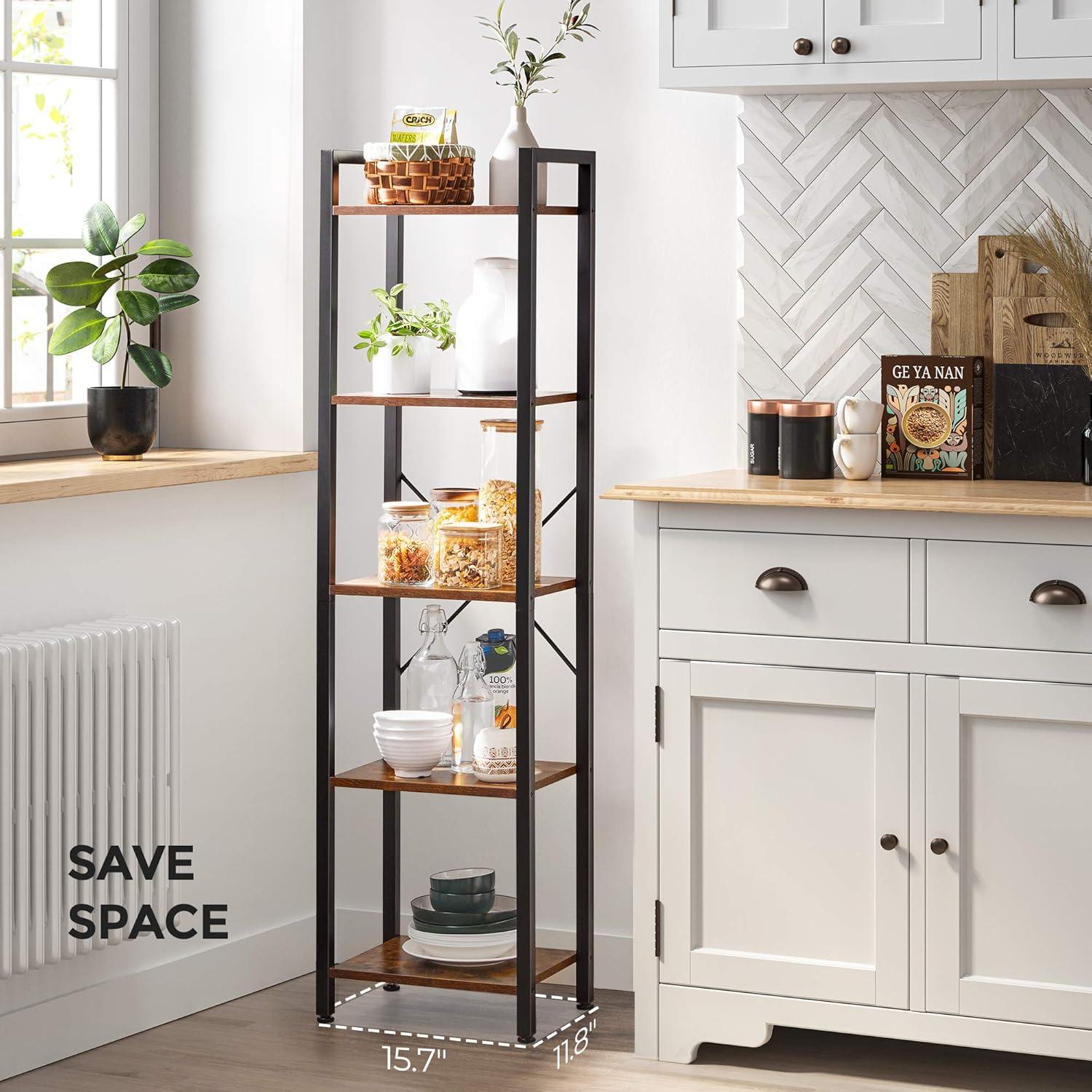 VASAGLE 5-Tier Rustic Brown and Black Steel Bookshelf