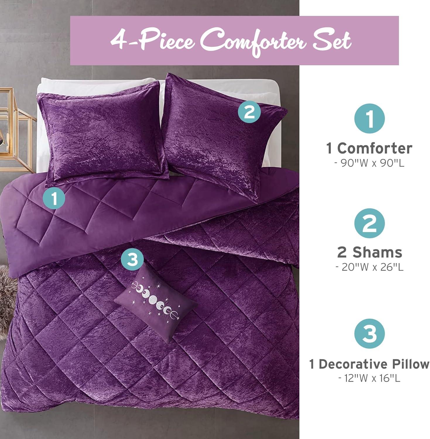 Luxurious Full/Queen Purple Velvet Quilted Comforter Set with Decorative Pillow