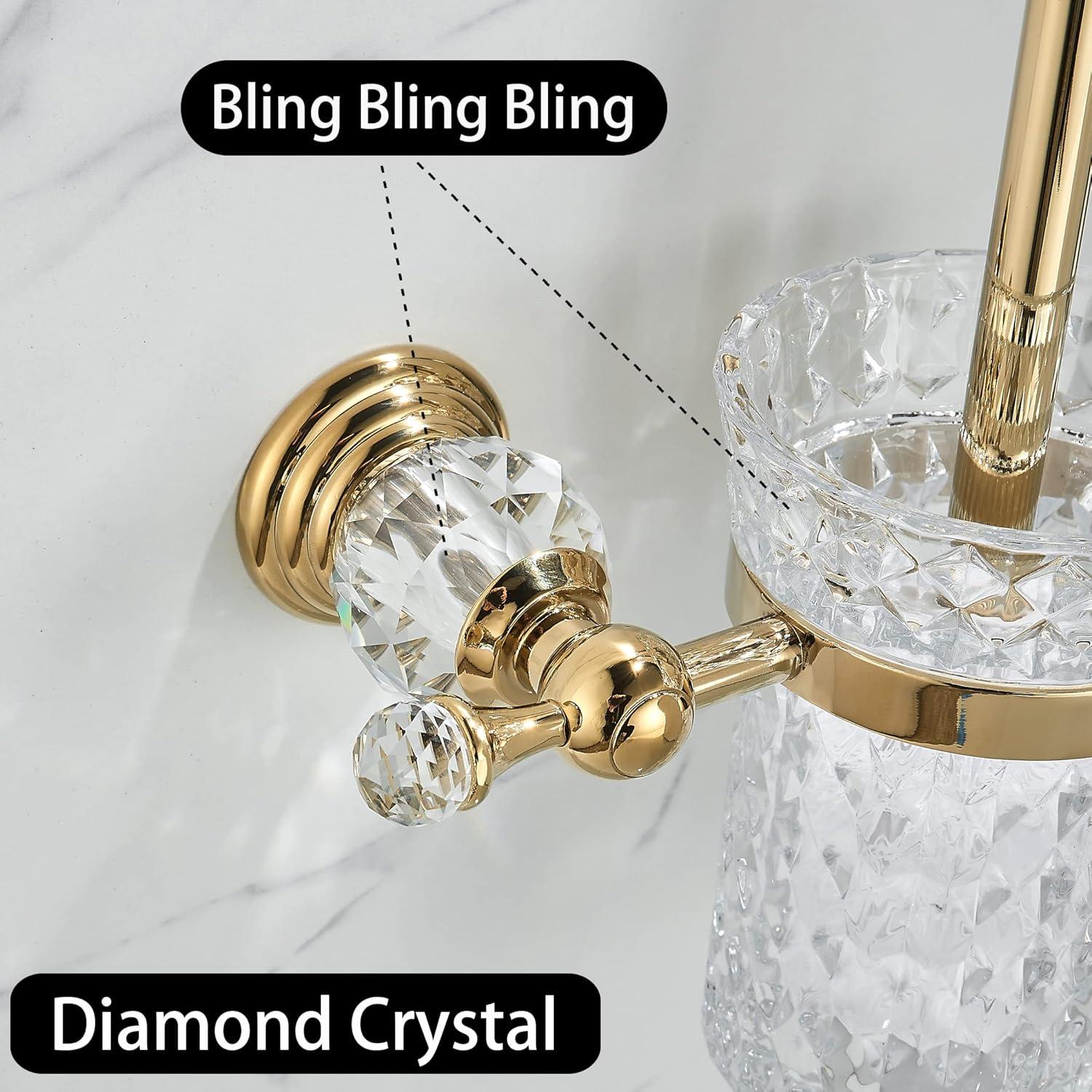 Crystal Wall-Mounted Toilet Brush Holder with Gold Handle