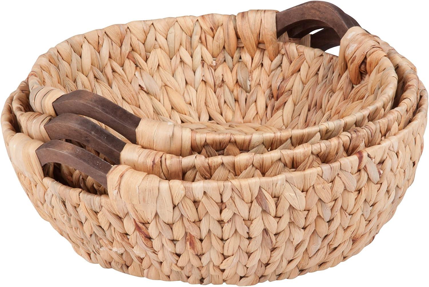 Natural Brown Water Hyacinth Round Wicker Storage Basket Set with Wooden Handles