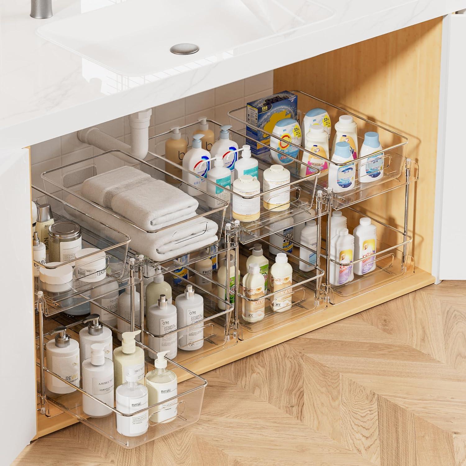 Rakbon 2 Tier Clear Under Sink Organizers 4 Pack