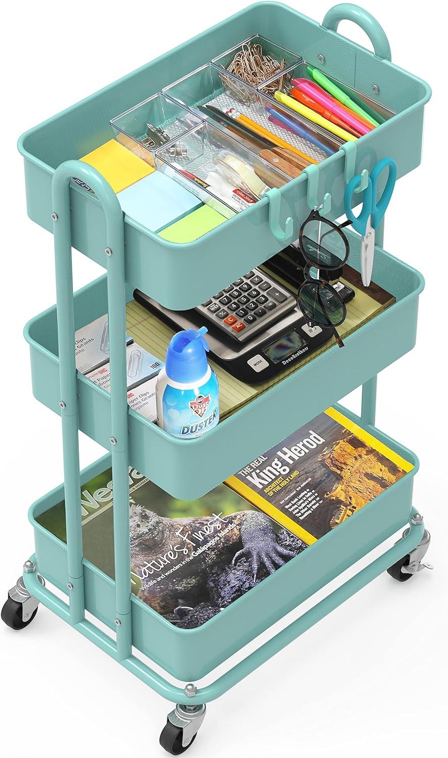 Turquoise Metal 3-Tier Utility Rolling Cart with Swivel Wheels