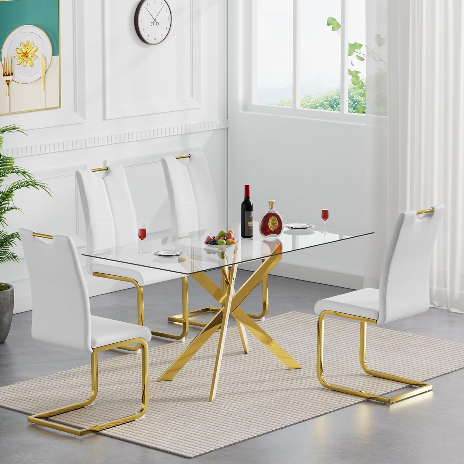 Henf 5 Piece Gold Dining Table Set for 4, Modern Glass Kitchen Table and Chairs for 4, Dining Room Table Set with 51" Glass Dinner Table & 4 White Faux Leather Chairs for Small Space,Home, Apartment