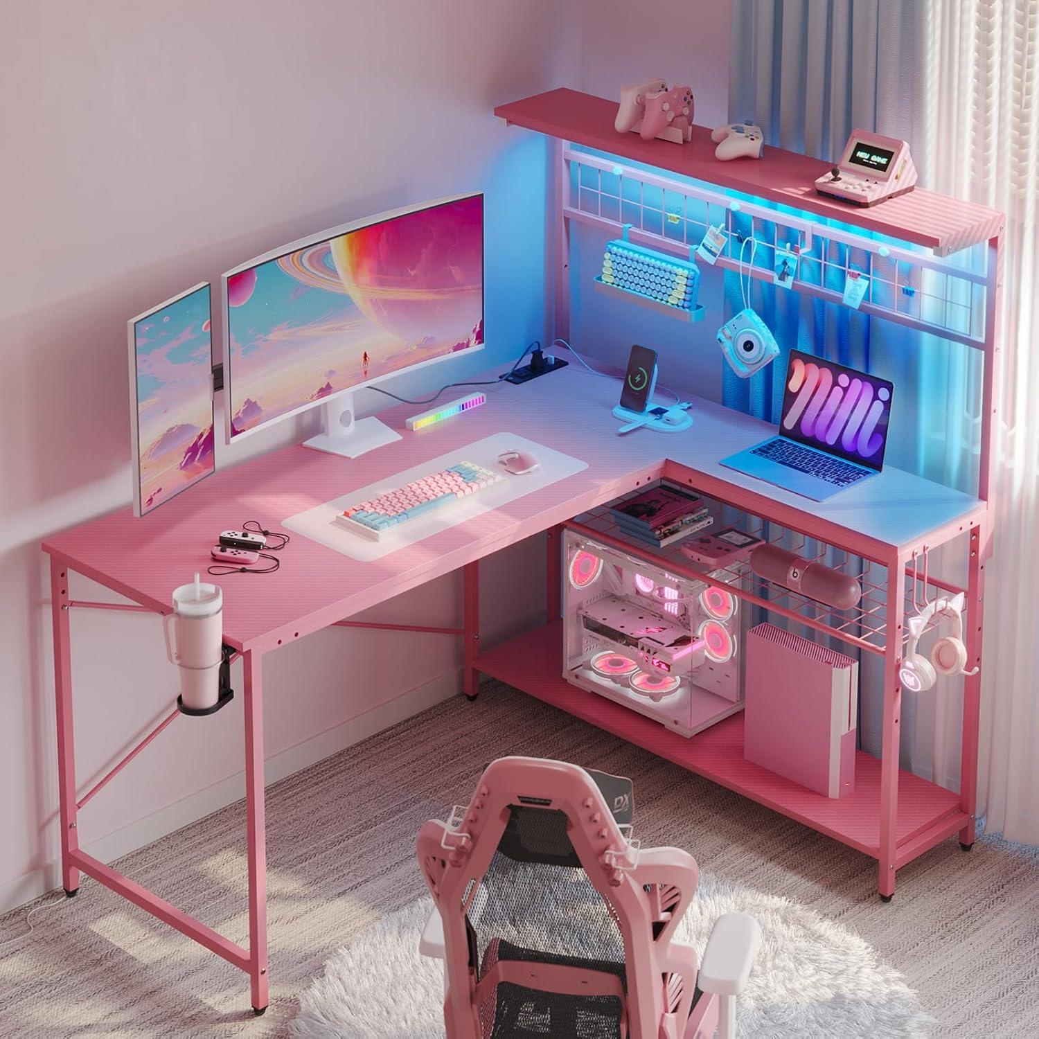 Bestier 51 L Shaped Gaming Desk with Power Outlets, LED Workstation with 4 Tiers Shelves for Home Office, Gamer Reversible Table with Hooks and Cup Holder,Carbon Fiber Pink