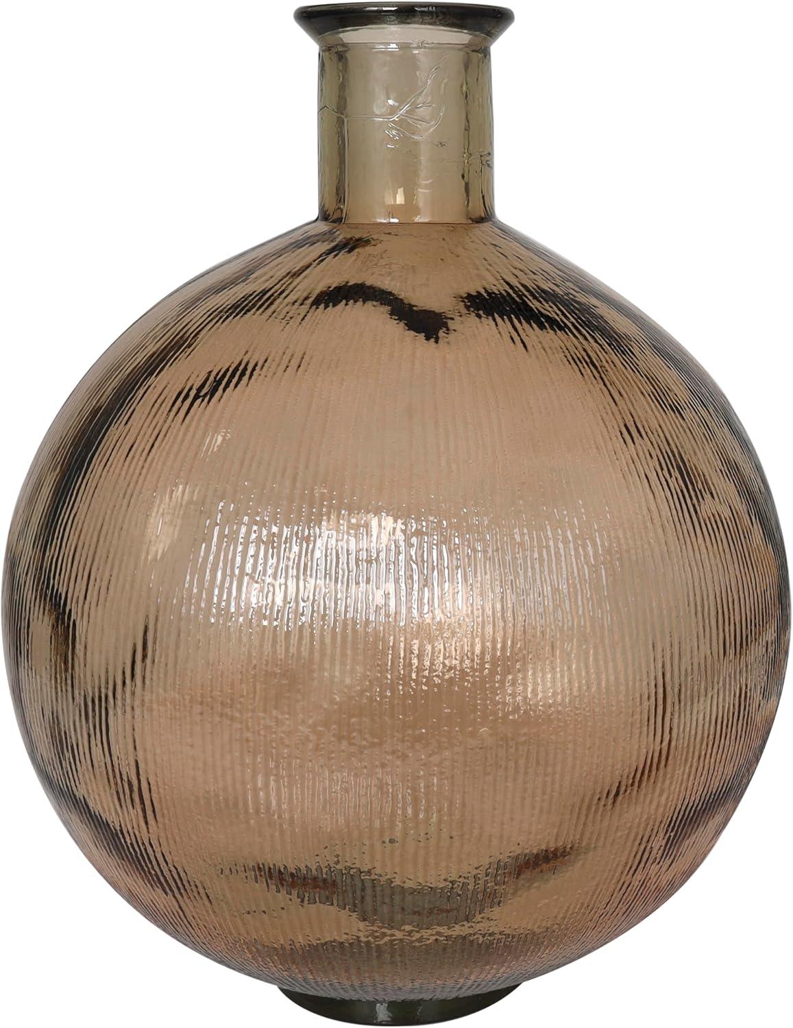 Deco 79 Recycled Glass Handmade Decorative Vase Spanish Bottle Neck Ribbed Centerpiece Vase, Flower Vase for Home Decoration 13" x 13" x 17", Brown