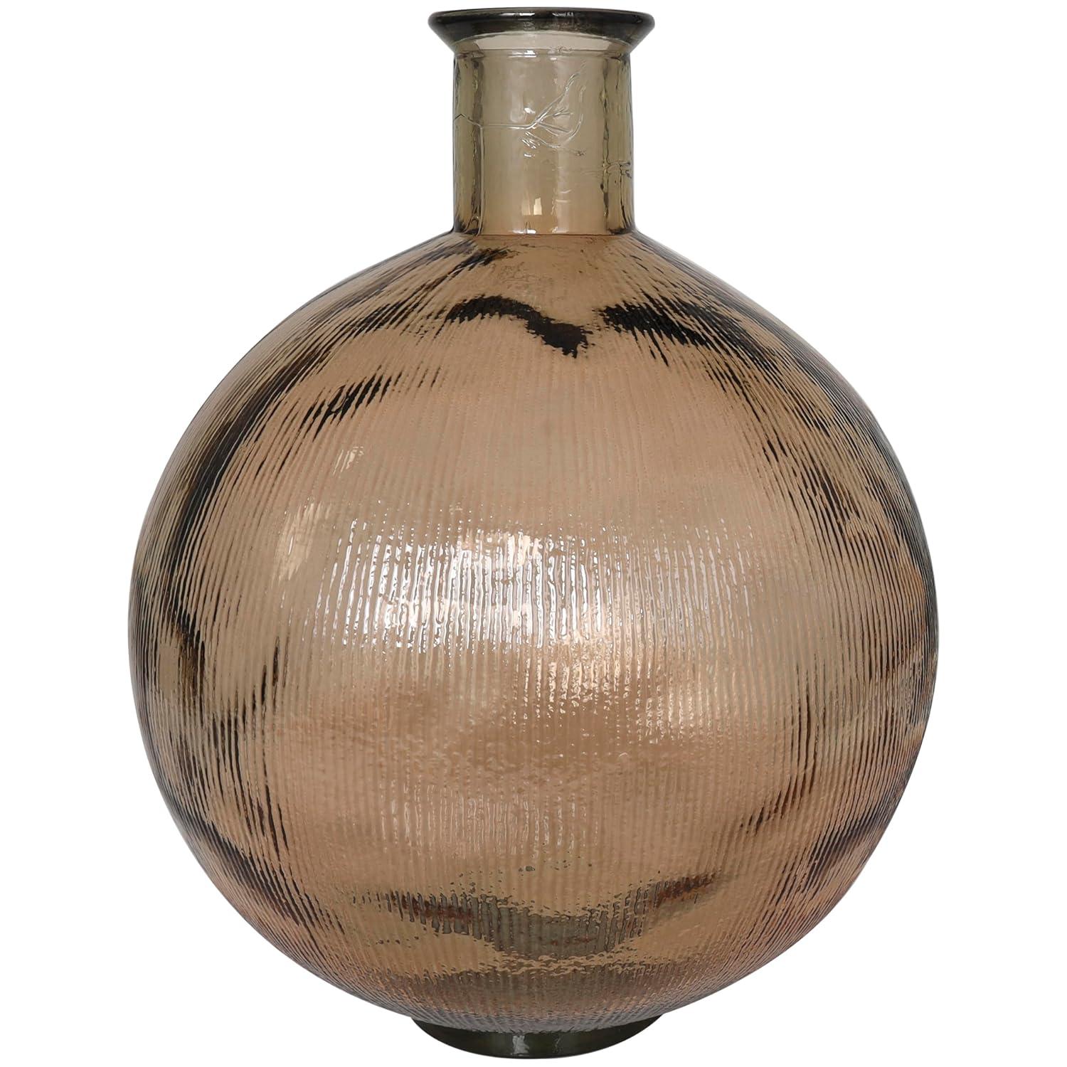 Deco 79 Recycled Glass Handmade Decorative Vase Spanish Bottle Neck Ribbed Centerpiece Vase, Flower Vase for Home Decoration 13" x 13" x 17", Brown