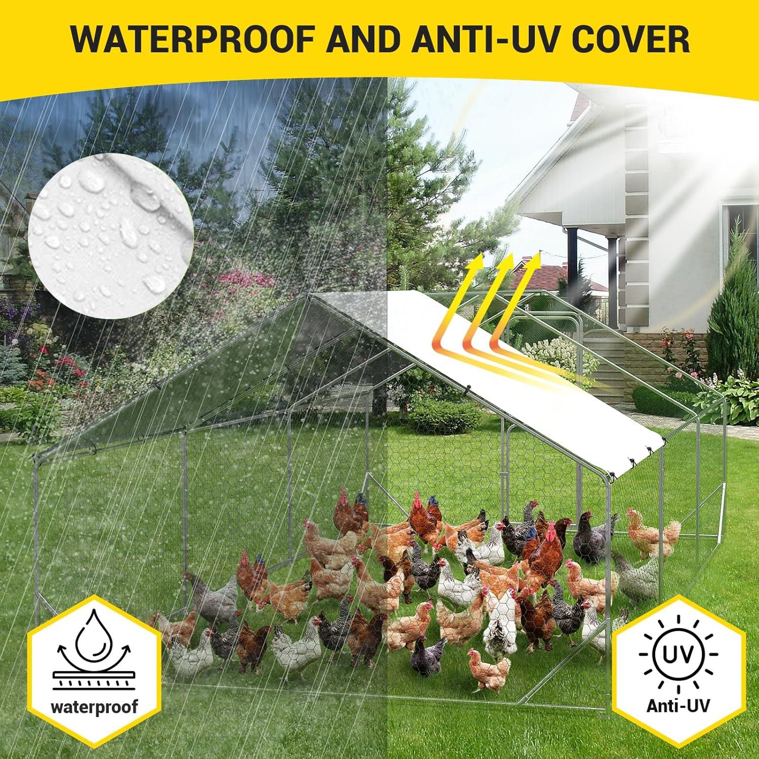 TROPOW Large Metal Chicken Coop, Walk in Chicken Runs with Cover for Yard, Large Chicken Coop with Double Door, Metal Chicken Pens for Outdoor Farm Yard (19.7'L x 9.8'W x 6.6'H)