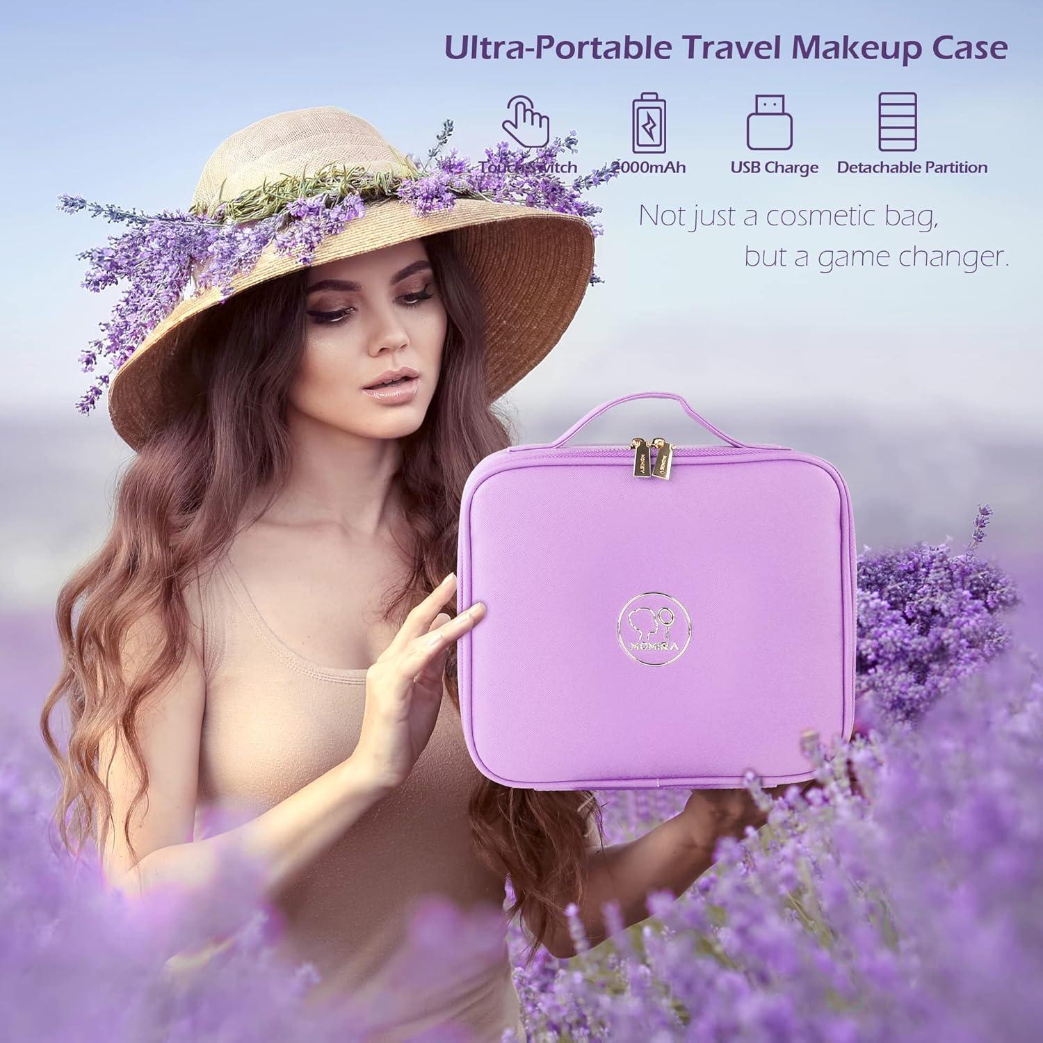 MOMIRA Travel Cosmetic Train Case with Lighted Mirror 3 Color Scenarios Cosmetic Bag Organizer with Adjustable Dividers Makeup Storage for Women, Makeup Accessories & Tools Case Purple