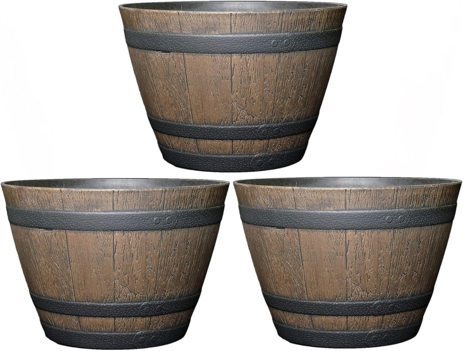 Walnut Brown Resin Whiskey Barrel Planter Set, 15"