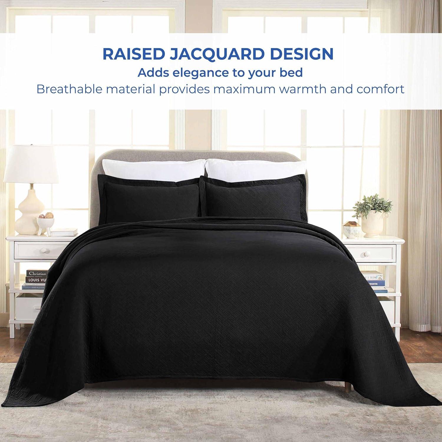 Superior Cotton Basket Bedspread 3 Piece Set, Queen, Black