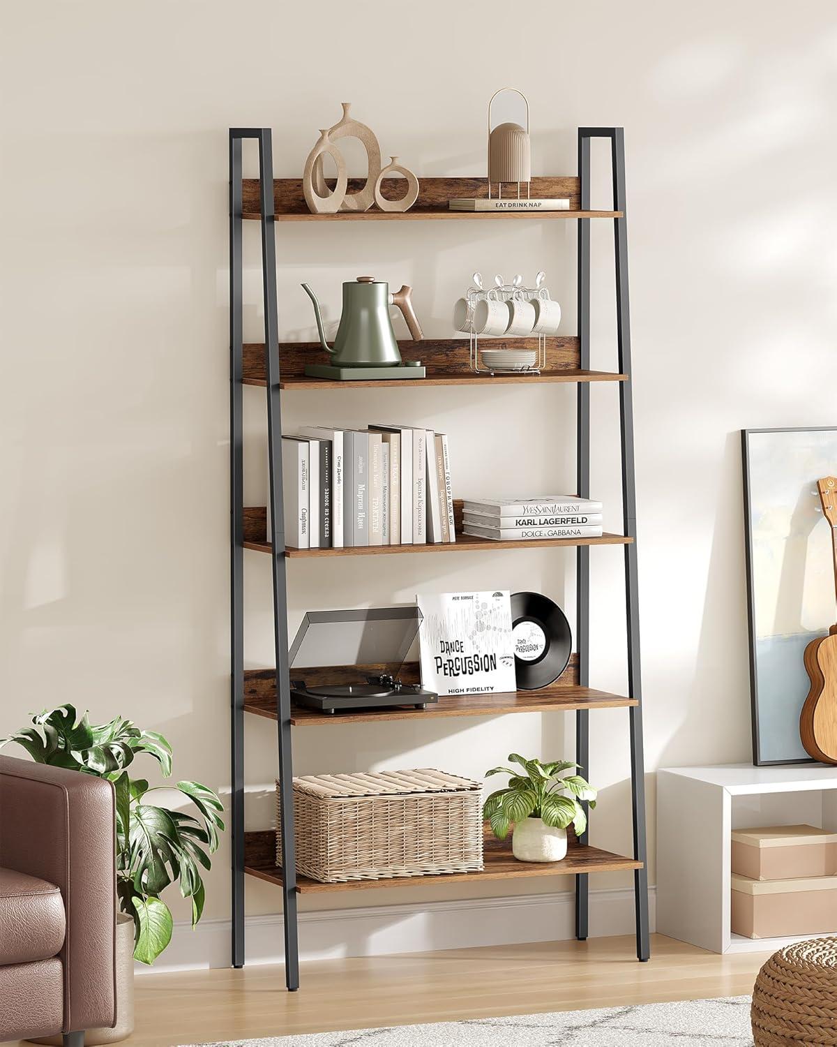 5-Tier Rustic Brown and Black Ladder Bookshelf