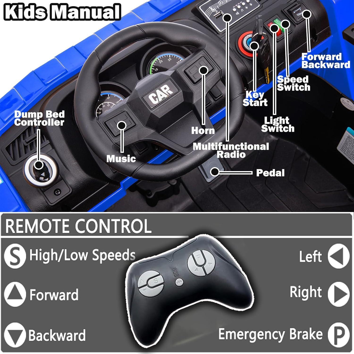 NEWQIDA 12V Ride On Dump Truck for Kids Car with Remote Control Construction Vehicles with Electric Dump Bed/Shovel, Ride On Toys for Boys Girls, 19" Spacious Seat, Music, Soft Start, Music, Blue