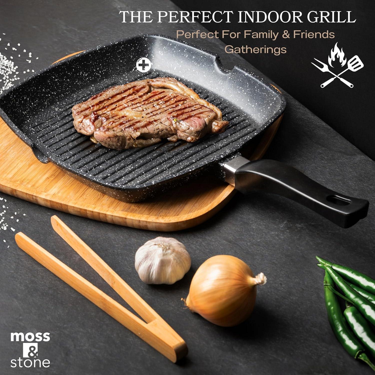 Moss & Stone 11-Inch Black Nonstick Aluminum Square Grill Griddle Pan for Stove Top