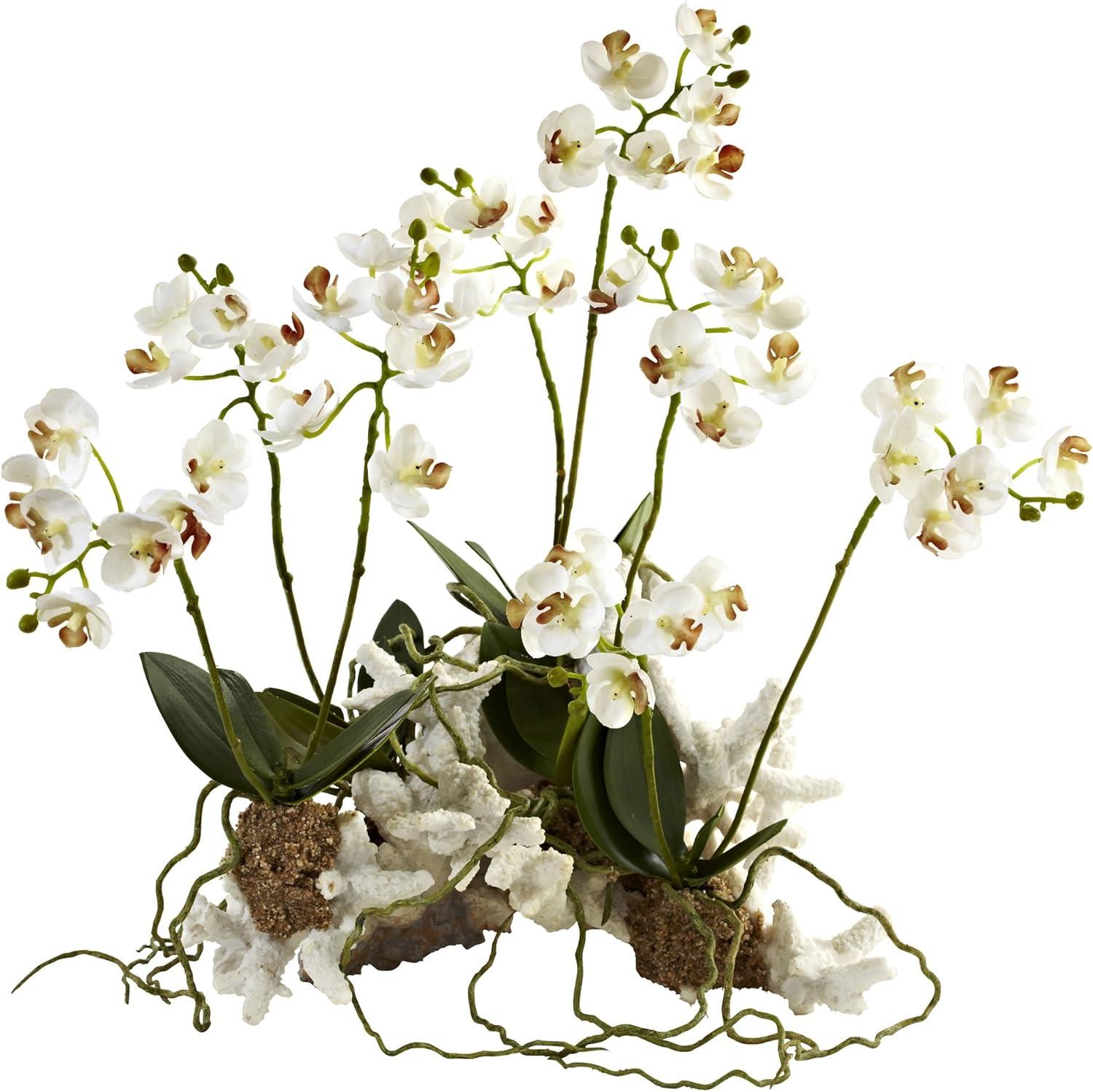 White Faux Orchid with Coral Base Tabletop Decor
