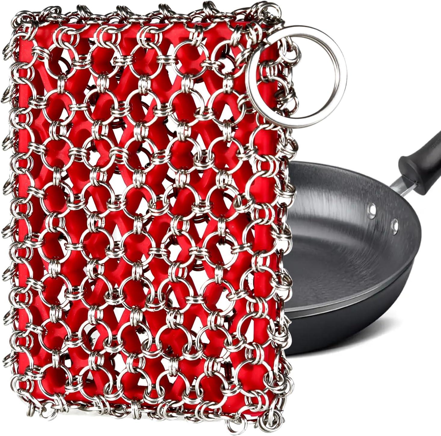 Red Silicone and Stainless Steel Chainmail Cast Iron Scrubber